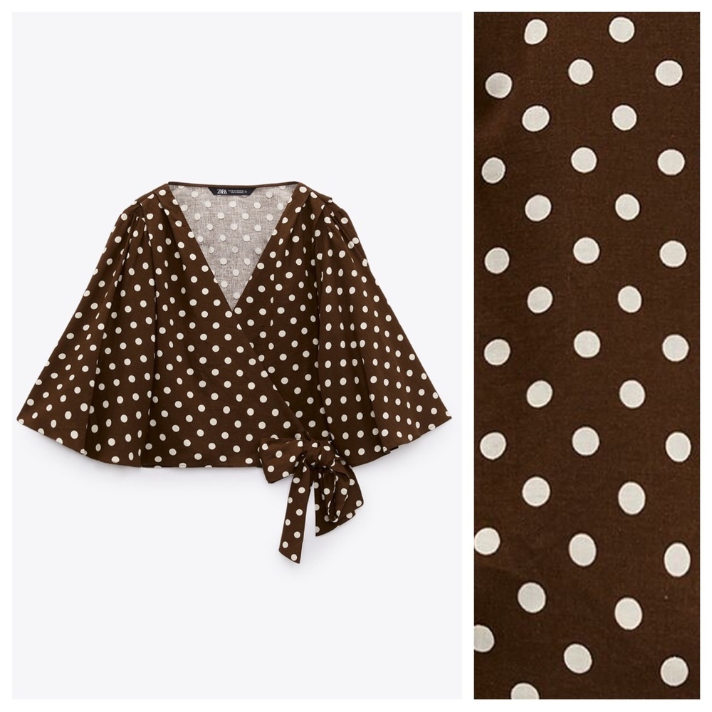 NWT. Zara Brown/Cream Polka Dots Crop Top with Bow. Size L. - Picture 8 of 12